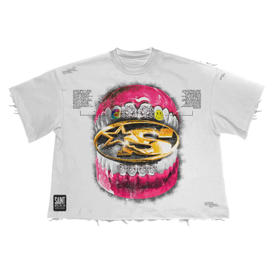 SAINT VICE " GOLDEN GRILLZ " CROPPED DISTRESSED T-SHIRT